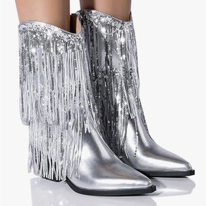 Womens Silver Metallic Cowboy Boots w Sequins fringe - Size 11